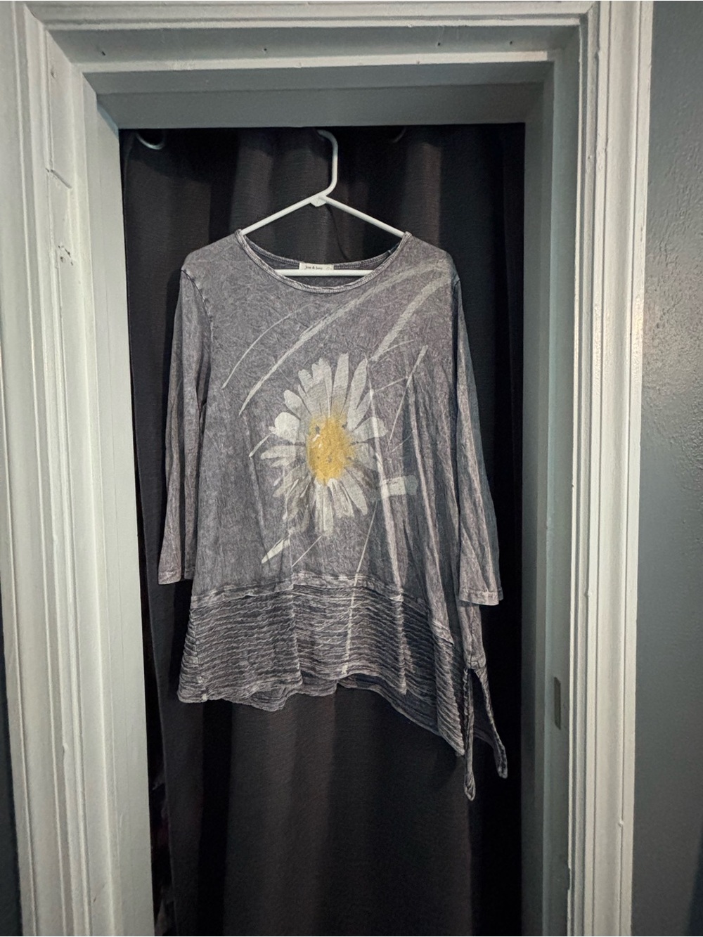 Washed Gray Daisy Graphic Tunic Top - 3/4 Sleeve
